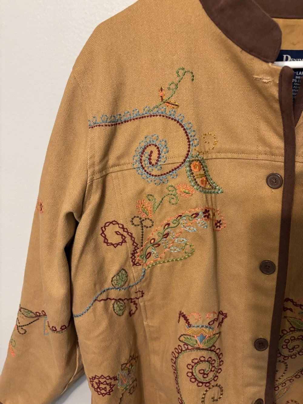 Denim & Co. Embroidered Tan Jacket with Brown Trim - Picture 4 of 13
